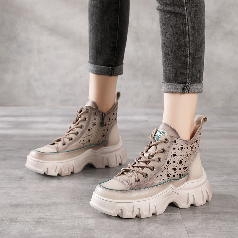 Hollow Single Toe Layer Leather Lace-up Ankle Boots