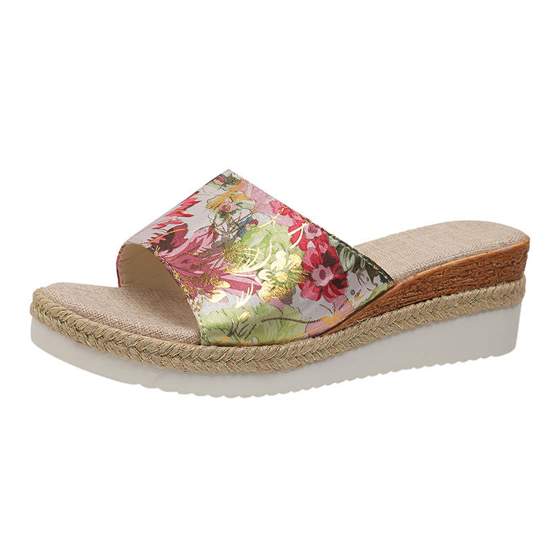 Women's Floral Wide Strap Wedge Sandals