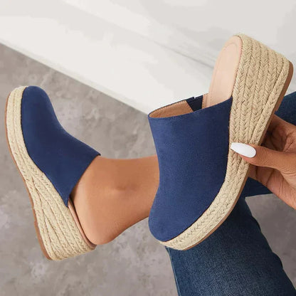 Fashion Suede Closed Toe Slip On Backless Wedge Heels