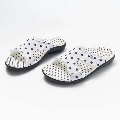 Polka Dot Print Open Toe Hook Loop Flat Sandals