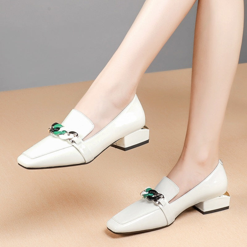 Kvinder Mid Block Heel Slip On Work Pumps Sexy Pointed Toe Patent Leather Shoes