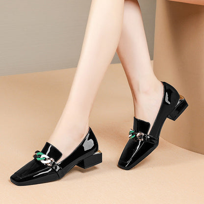 Kvinder Mid Block Heel Slip On Work Pumps Sexy Pointed Toe Patent Leather Shoes