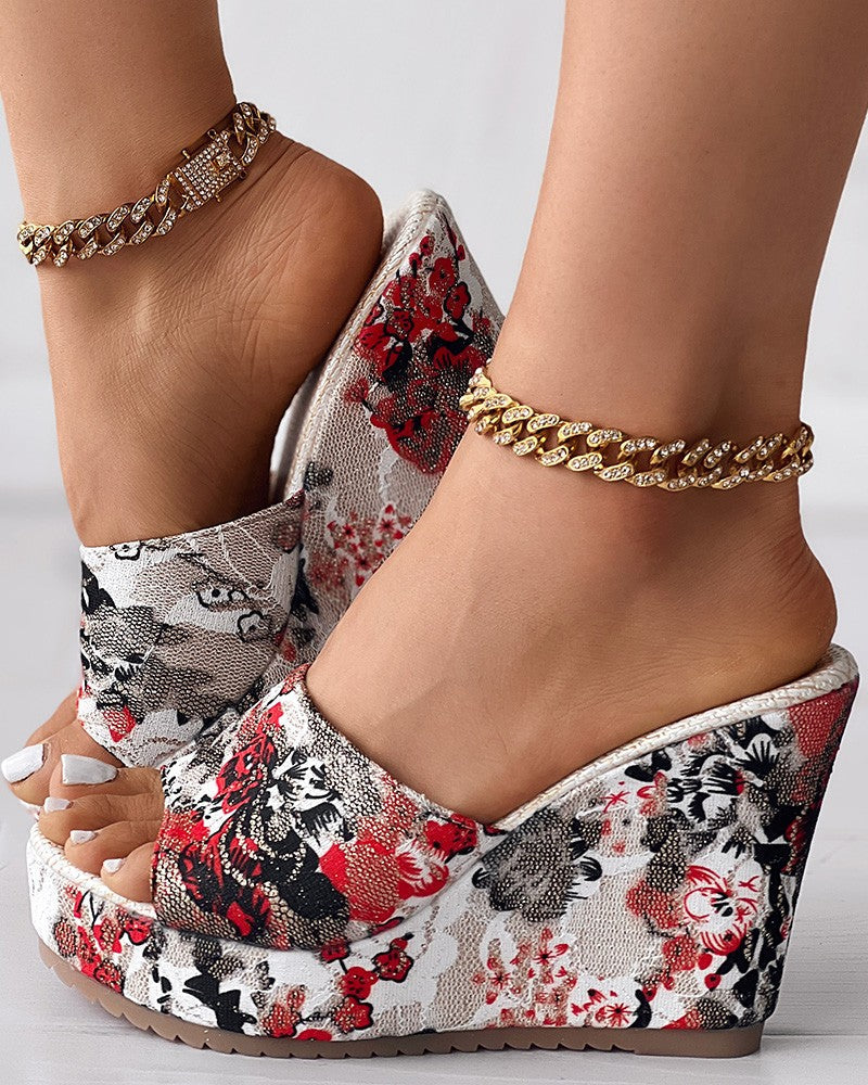 Peep Toe Wedge Slippers med vintage blomsterprint