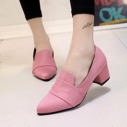 Pointed Toe Low Cut Solid Color Chunky Low Heels Pumps