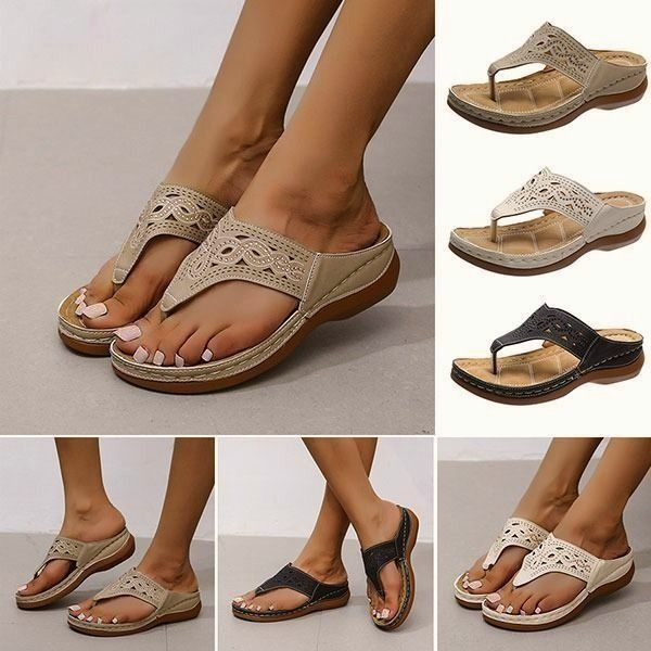 Ortopædiske flip-flops til kvinder Thong-sandaler Boho Flat Low Wedge Slippers