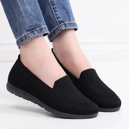 Strikkede ensfarvede loafers til kvinder, lette, skridsikre, flade slip-on-sko