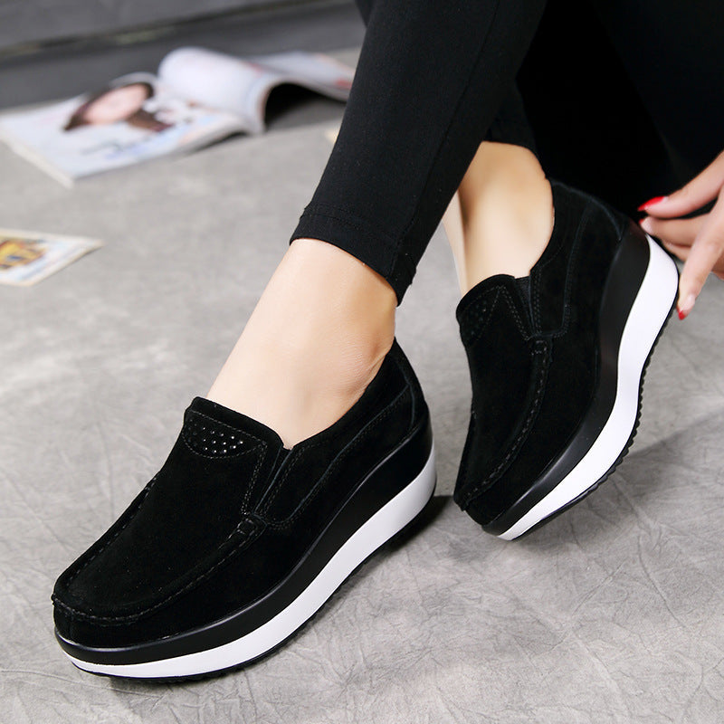 Women Large Size Rocker Sole Platform Shoes Wedge Suede Slip On Casual Loafers