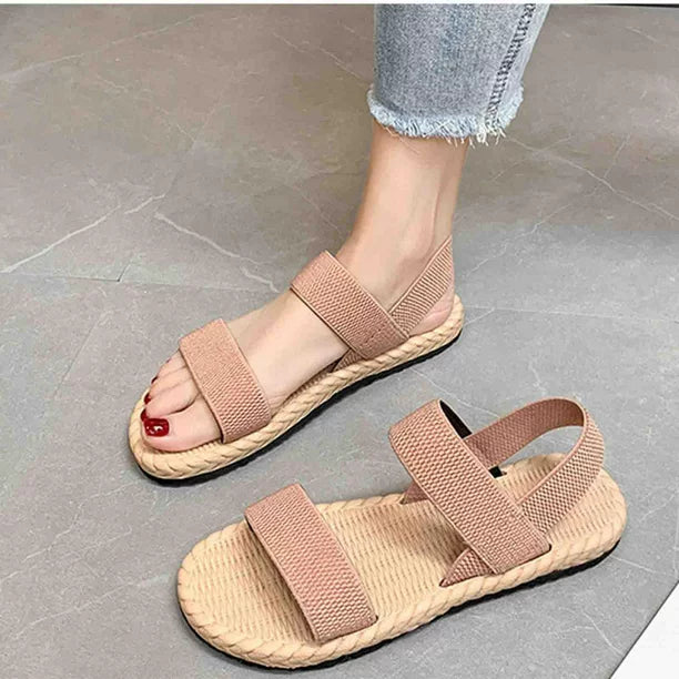 Flade sandaler til kvinder, åben tå med elastikrem, slip on, sling-back-sko