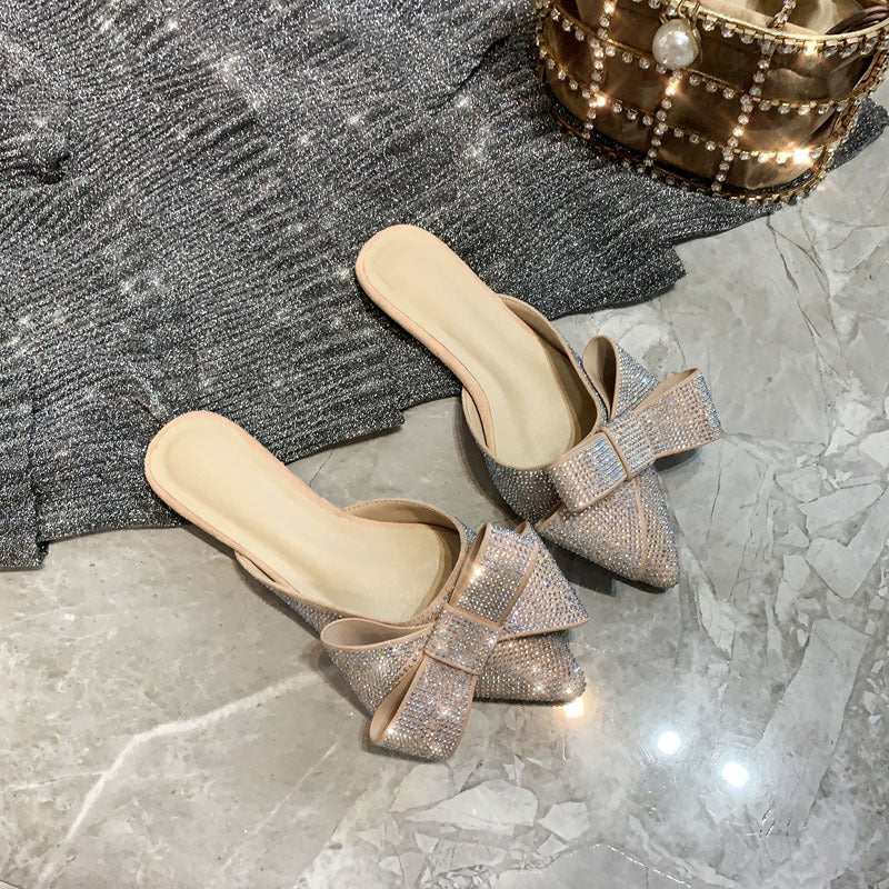 Rhinestone Pointed Bow-Accent Block-Heel Mules