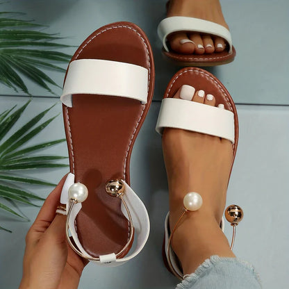 Faux Pearl Metallic Ankle Strap Slip On Sandals