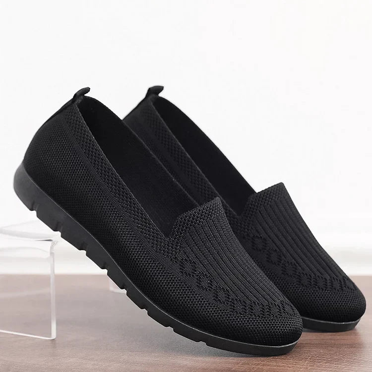 Strikkede ensfarvede loafers til kvinder, lette, skridsikre, flade slip-on-sko