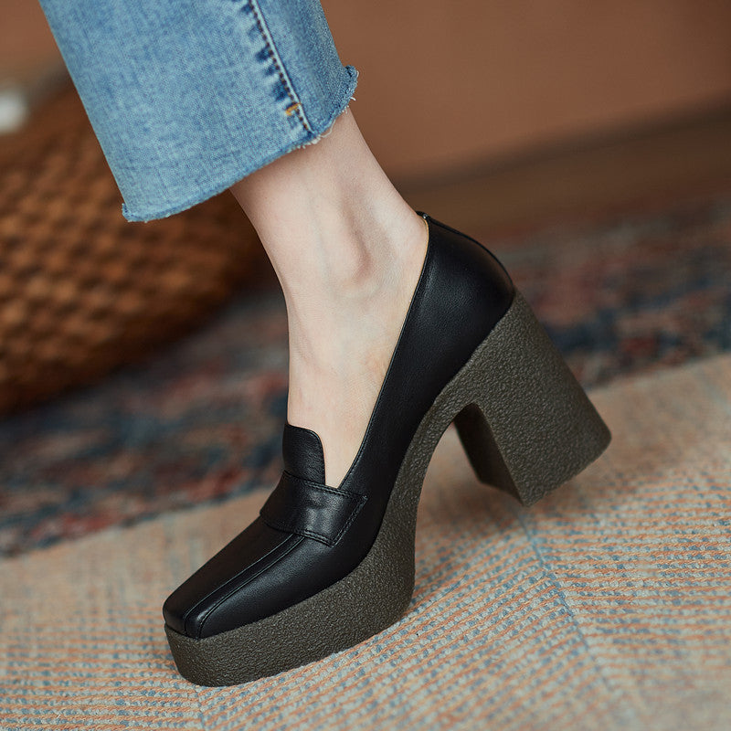 Chunky Heels Platform Square Toe Slip On