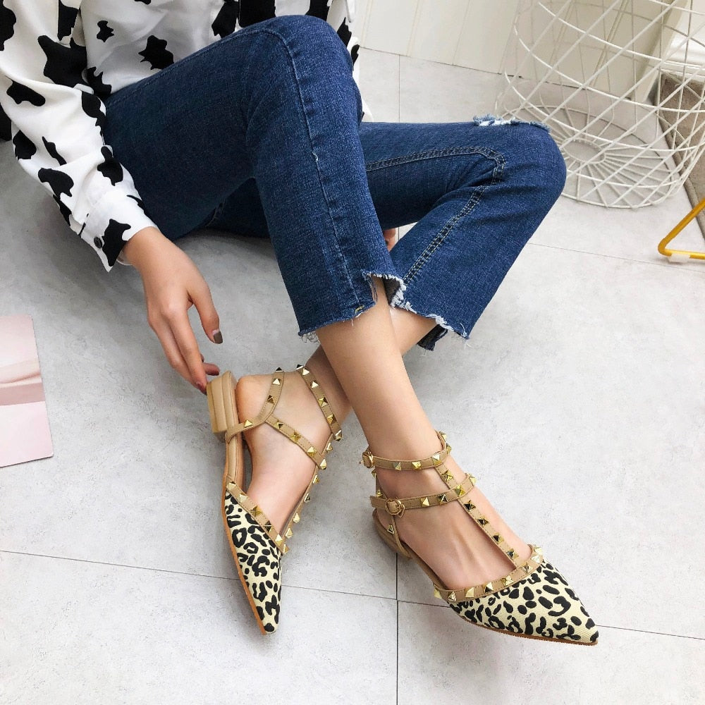 Leopard T-strap Pointed Toe Rivet Flats