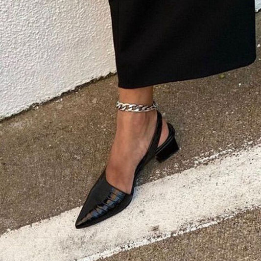 Elegant læderudskæring med lav chunky hæl Slip On-sko med spids tå