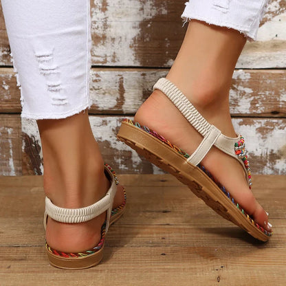 Kvindernes perlebesatte etniske stil Boho T-strap Slip On