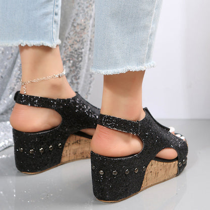 Glitter Wedge Slingback-sandaler til kvinder