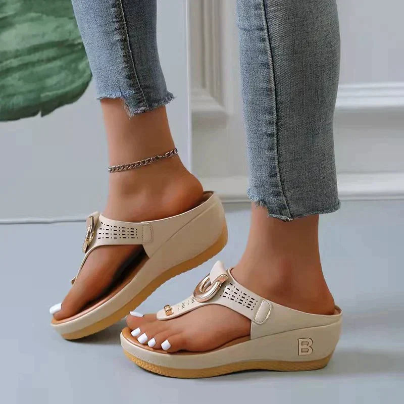 Ladies Mid Wedge Shoes Summer Beach Sandals Casual Flip Flops