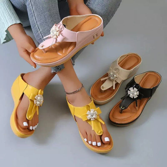 Flower Pearl Wedge Flip Flops Sandaler