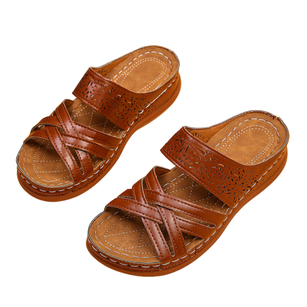 Cross Leather Strap Slippers til damer