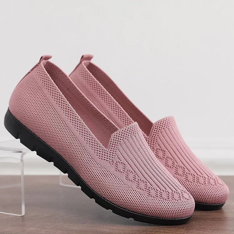 Strikkede ensfarvede loafers til kvinder, lette, skridsikre, flade slip-on-sko