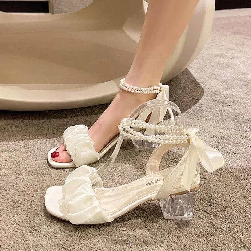 Comfort Shoes for Women Block Heels Pearl Sandals Med Suit Female Beige All-Match Chunky - Shop & Buy