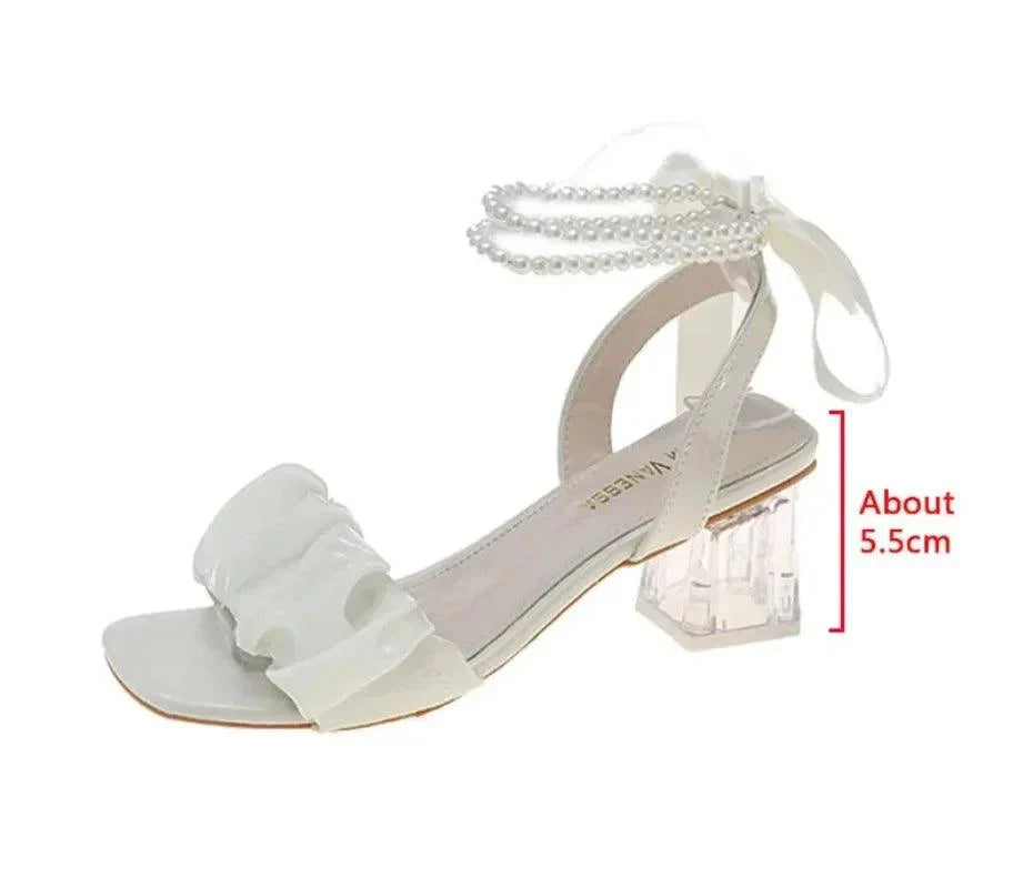 Comfort Shoes for Women Block Heels Pearl Sandals Med Suit Female Beige All-Match Chunky - Shop & Buy