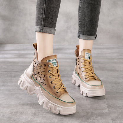 Hollow Single Toe Layer Leather Lace-up Ankle Boots