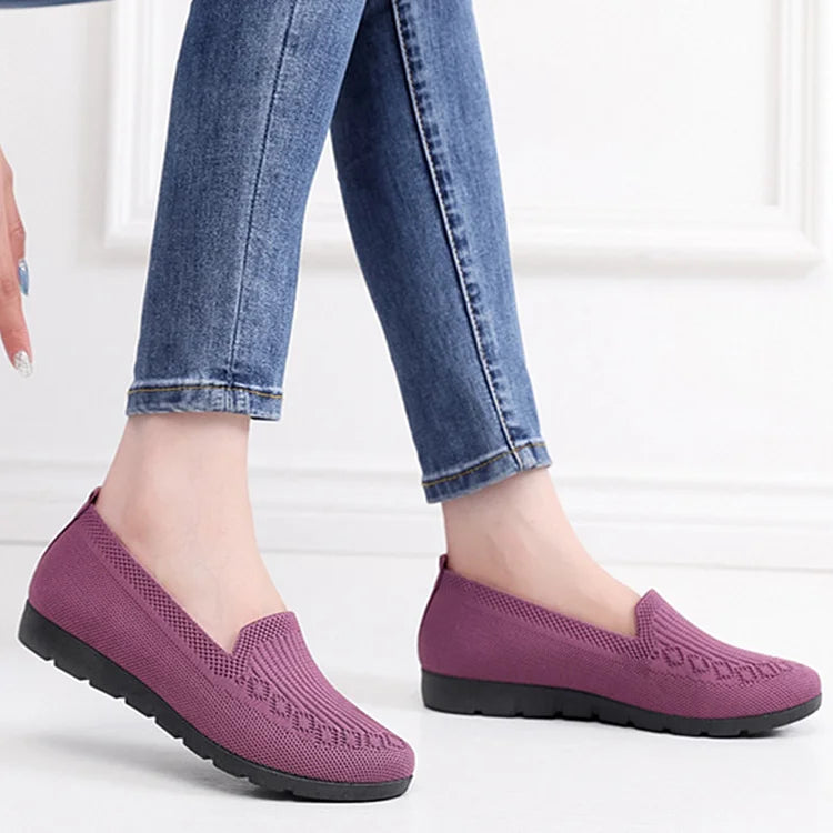 Strikkede ensfarvede loafers til kvinder, lette, skridsikre, flade slip-on-sko