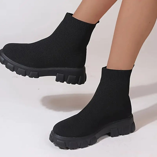 Ankelstøvler til kvinder Mid Calf Knit Chunky Shoes