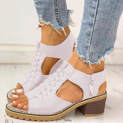 Peep Toe Cutout Zipper Chunky Heeled Sandals