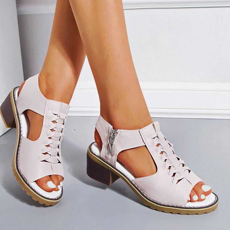 Peep Toe Cutout Zipper Chunky Heeled Sandals