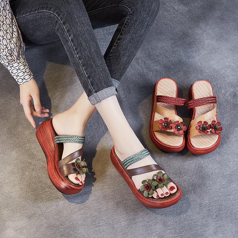 Retro Casual Handmade Leather Floral Platform Sandals